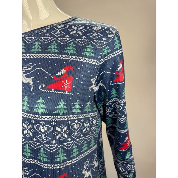 Santa Sleigh Christmas Long Sleeve Dress Size XXL Blue Cotton Blend - Picture 2 of 16